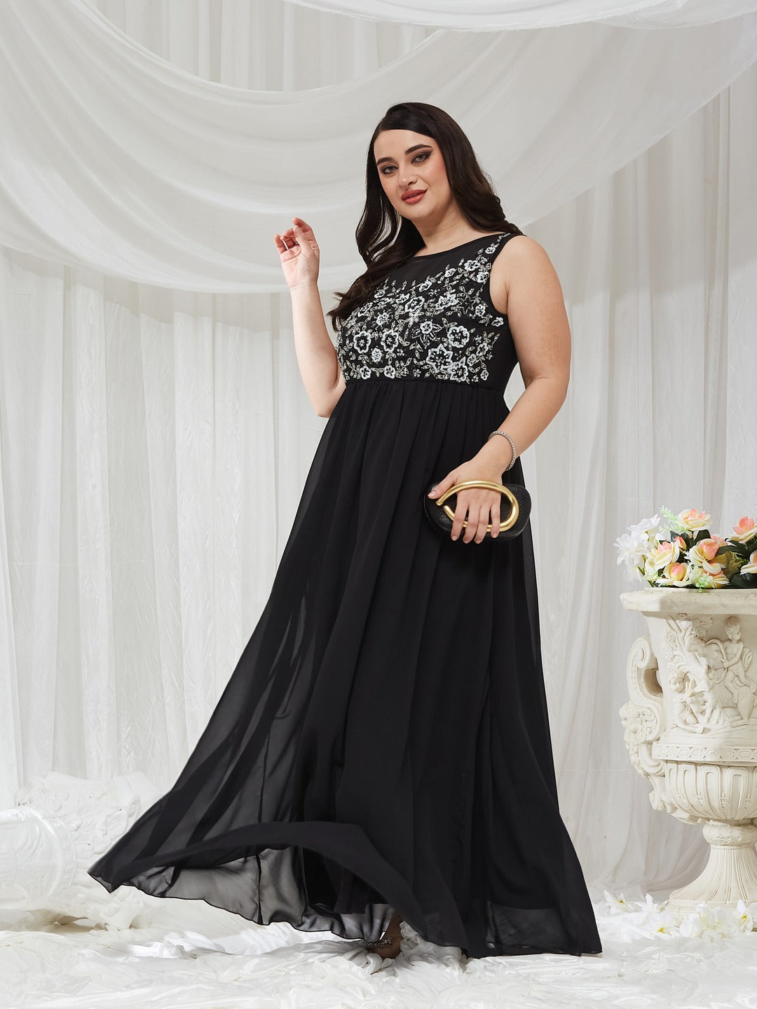 Black Boat Neck Sleeveless Solid Embellished Maxi Dress for Women