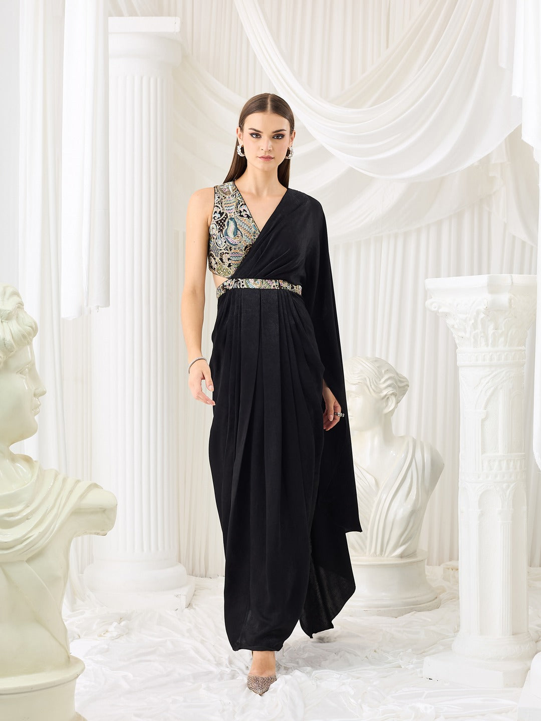 Black V-Neck Asymmetric Embroidered Draped Satin Maxi Dress for Women
