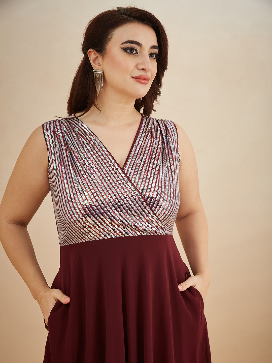 Wine V-Neck Sleeveless Embellished Wrap-Styled Maxi Georgette Dress for Women