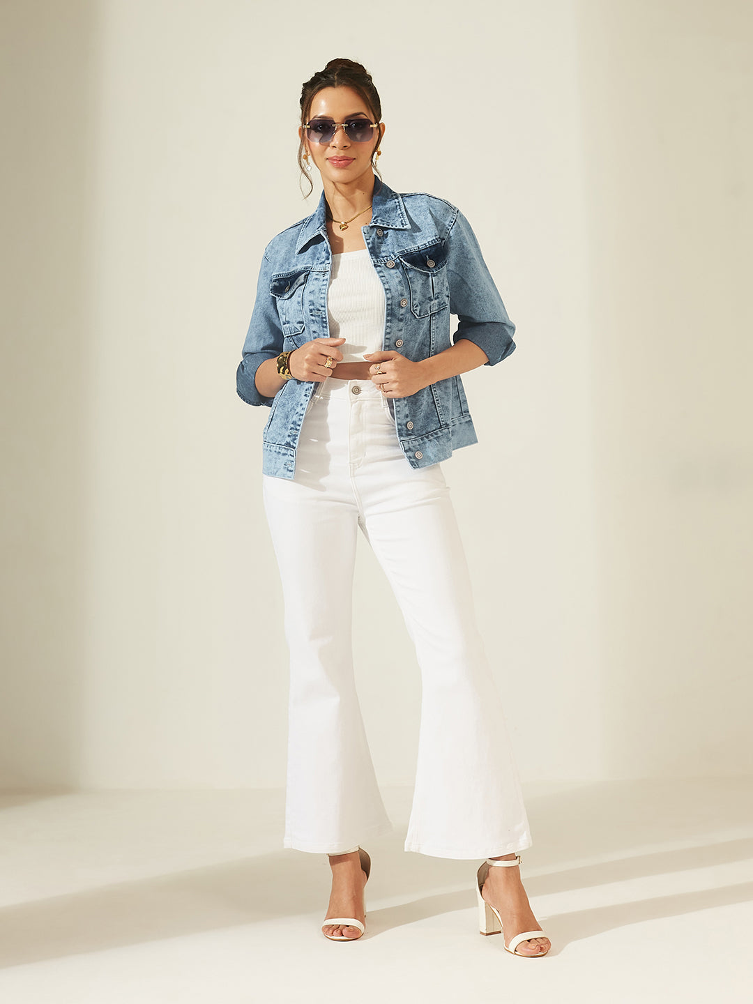 Light Blue Hand Painted Galaxy Art Full Sleeves Denim Jacket for Women