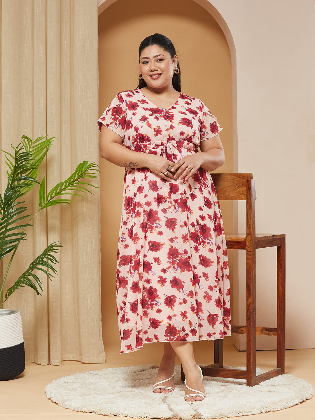 Multicolored-Base-Light Pink V-Neck Short-Sleeves Floral Pleated Midi Dress for Women