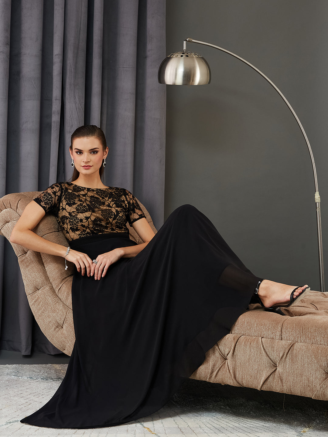 Black Round Neck Half Sleeve Self Design Fit & Flare Georgette Maxi Dress for Women