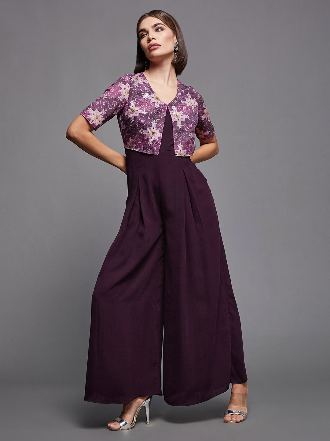 Women's Dark Purple V Neck Half Sleeve Pleated Polyester Regular-Length Solid Jumpsuits