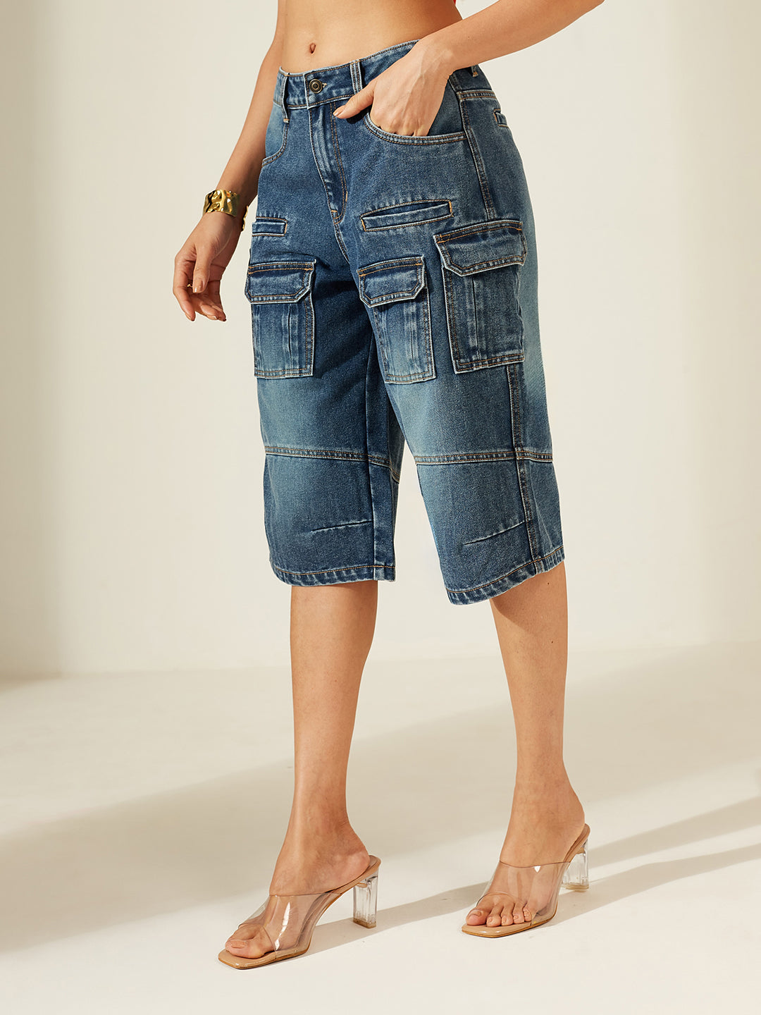 Dark Blue High-Rise Stretchable Denim Shorts for Women — Miss Chase