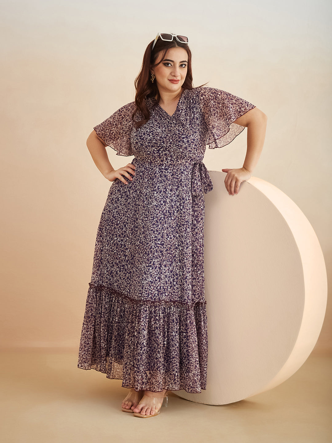 Purple V Neck Flared Sleeve Floral Wrap Chiffon Maxi Dress for Women