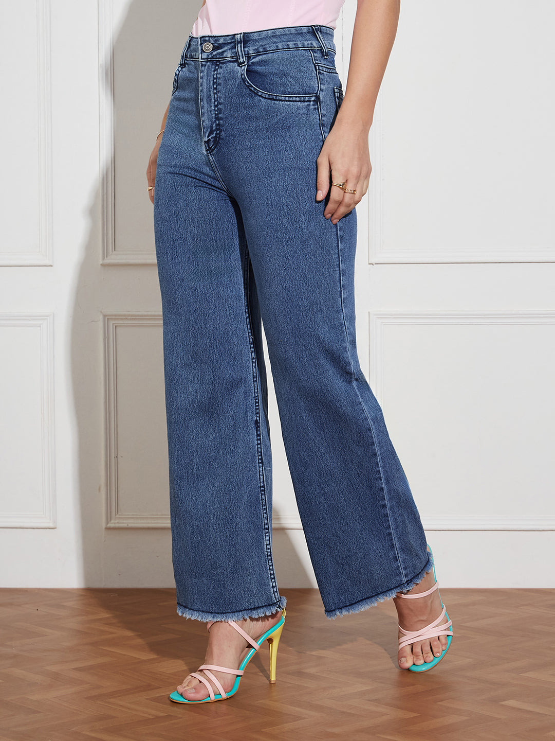 Women's Navy-Blue Wide-Leg High Rise Regular-Length Stretchable Denim Jeans