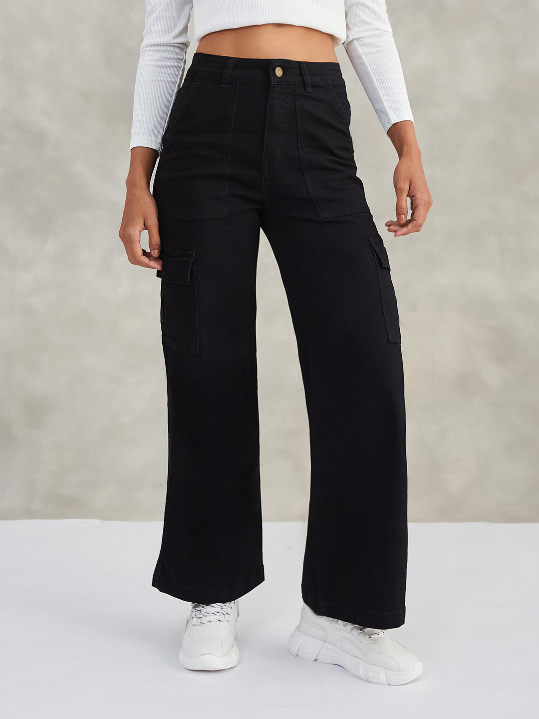 Women's Black Wide-Leg High-Rise Stretchable Denim Jeans