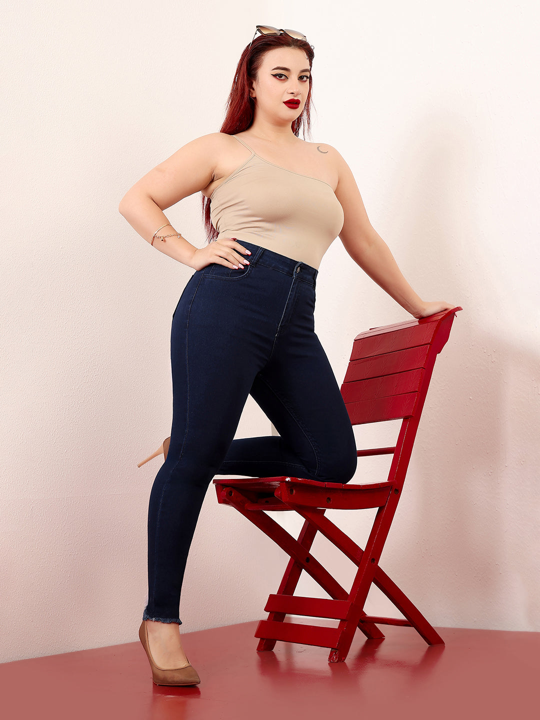 Women's Navy Blue Skinny High-Rise Solid Clean-Look Cropped Fringed-Hemline Stretchable Denim Jeans