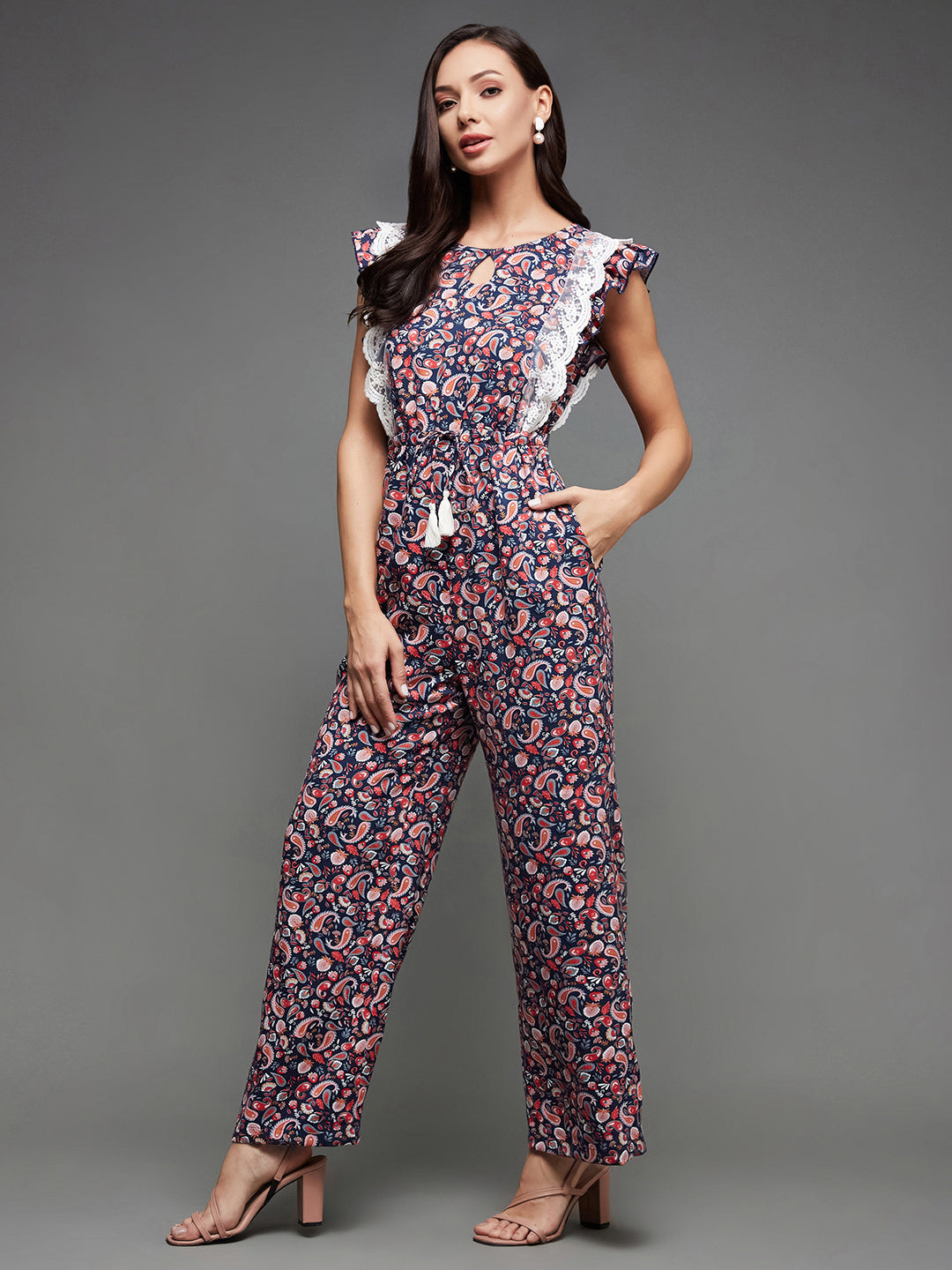 Women's Multicolored-Base-Navy Key-Hole Neck Frilled Bohemian-Styled Frilled Regular-Length Viscose-Rayon Jumpsuit
