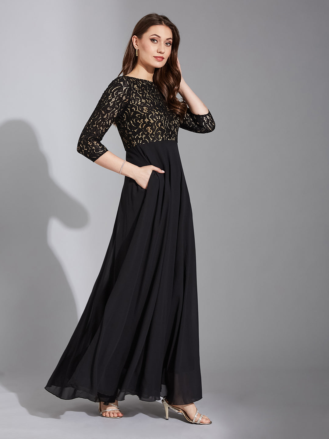 Women's Black Self Design Boat Neck 3/4 Sleeves Side Pocketed Georgette Fit and Flare Maxi Length Dress