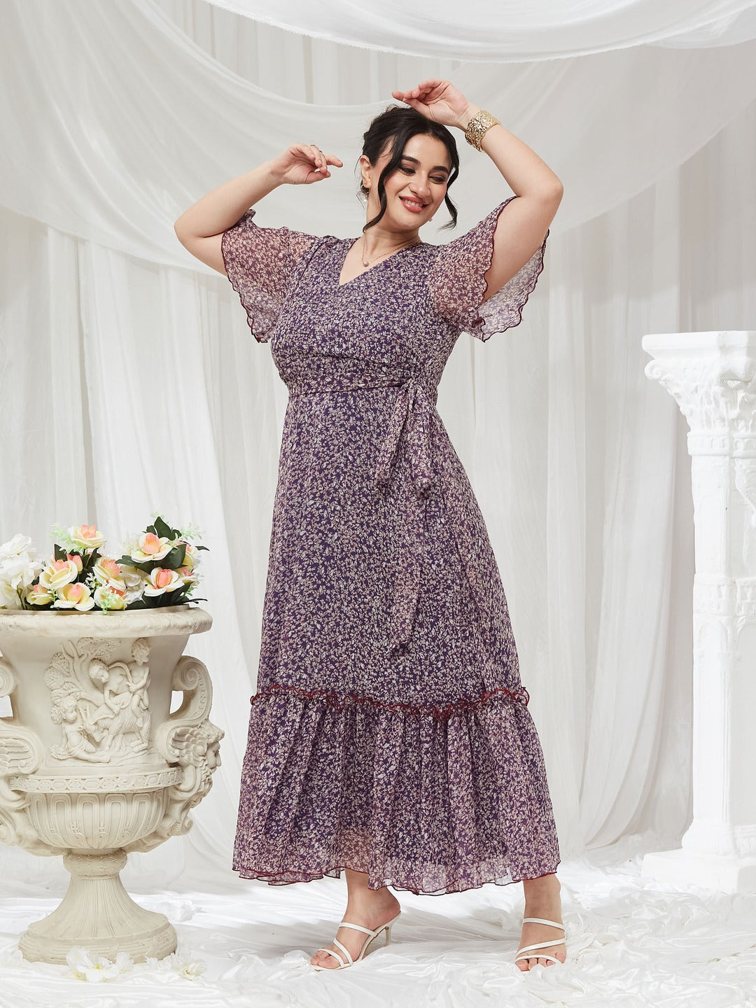 Purple V Neck Flared Sleeve Floral Wrap Chiffon Maxi Dress for Women