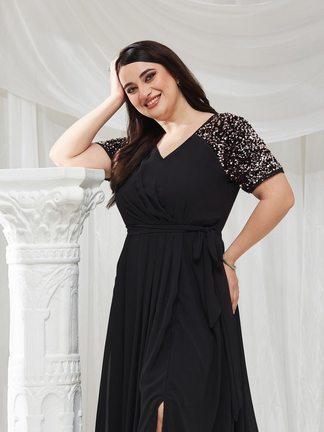 Womens Black V-Neck Raglan Embellished Wrap and Tie-up Maxi Dress