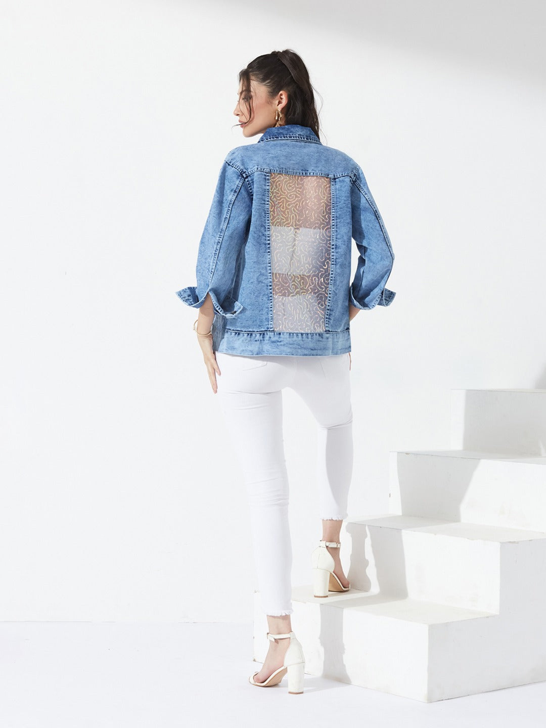 Light Blue Collared Full Sleeve Solid Embellished Regular Length Denim Jacket for Women
