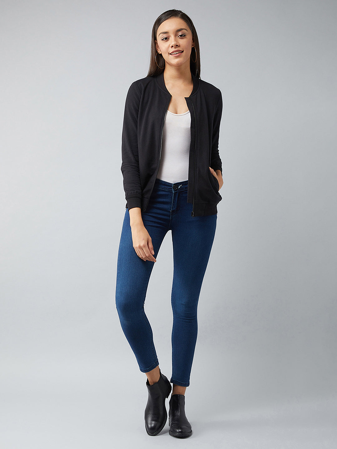 Women's Black V-Neck Full Sleeves Cotton Solid Bomber Jacket