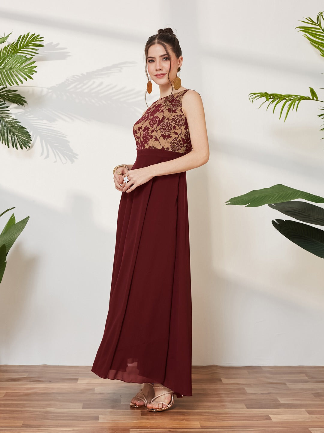 Beige & Wine Round Neck Sleeveless Georgette Floral Lace Fit & Flare Maxi Dress for Women