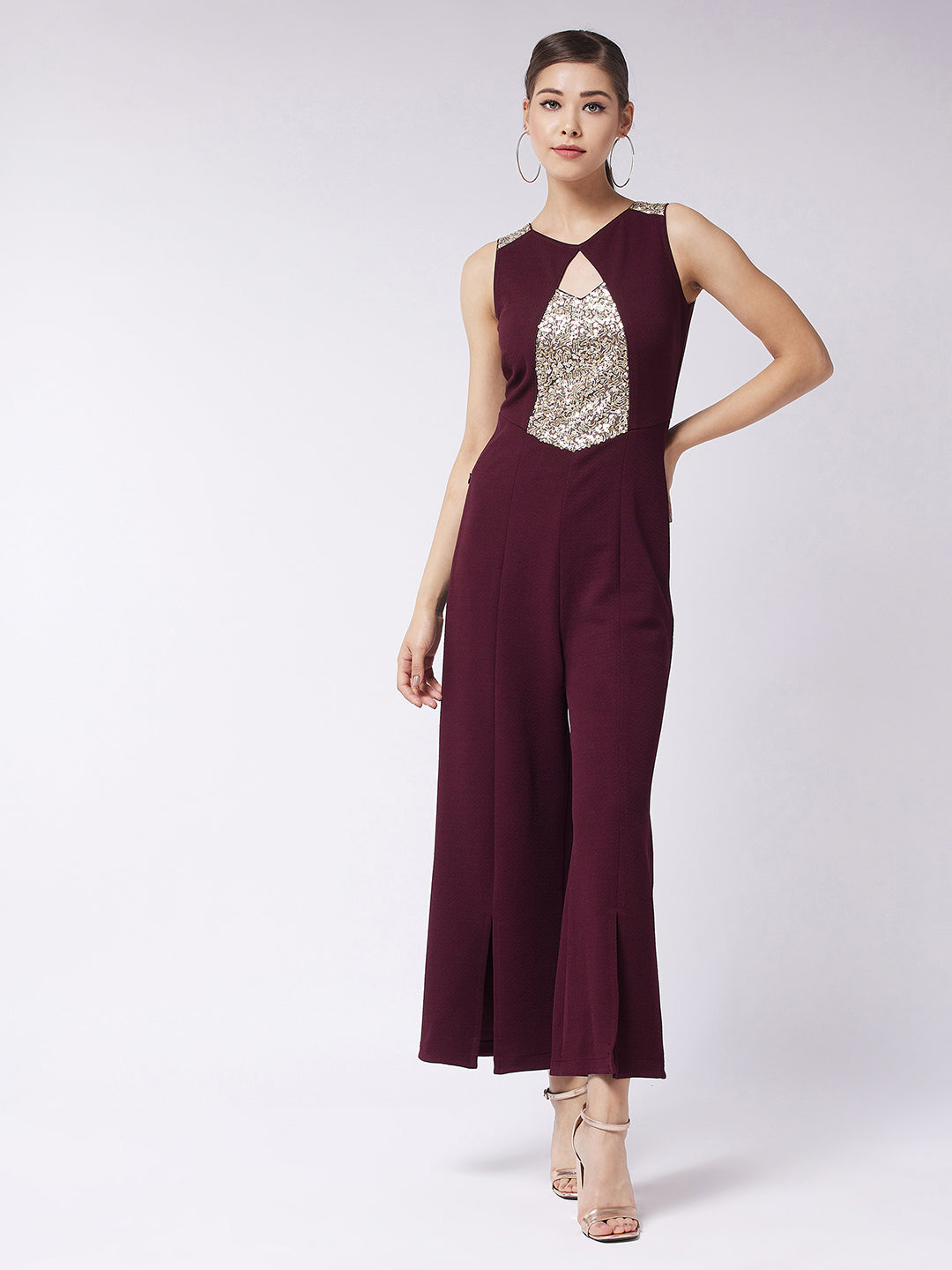 Crease Ease Women's Wine Round Neck Sleeveless Solid Paneled Sequined Party Jumpsuit