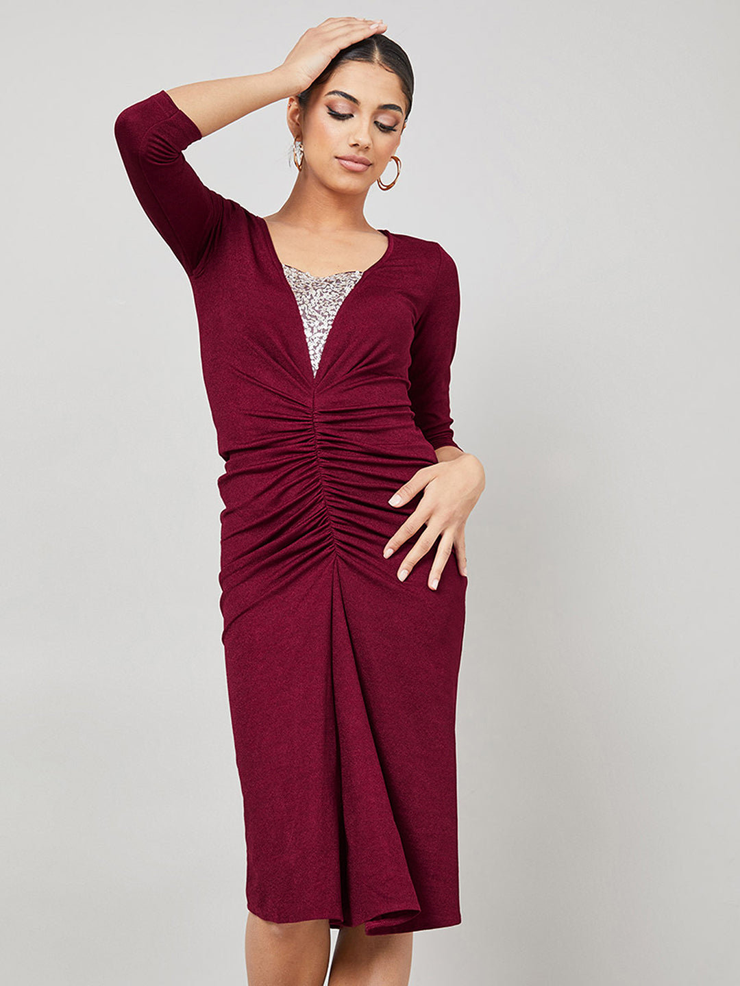 Women's Maroon & Golden Embellished Sheath Midi Dress
