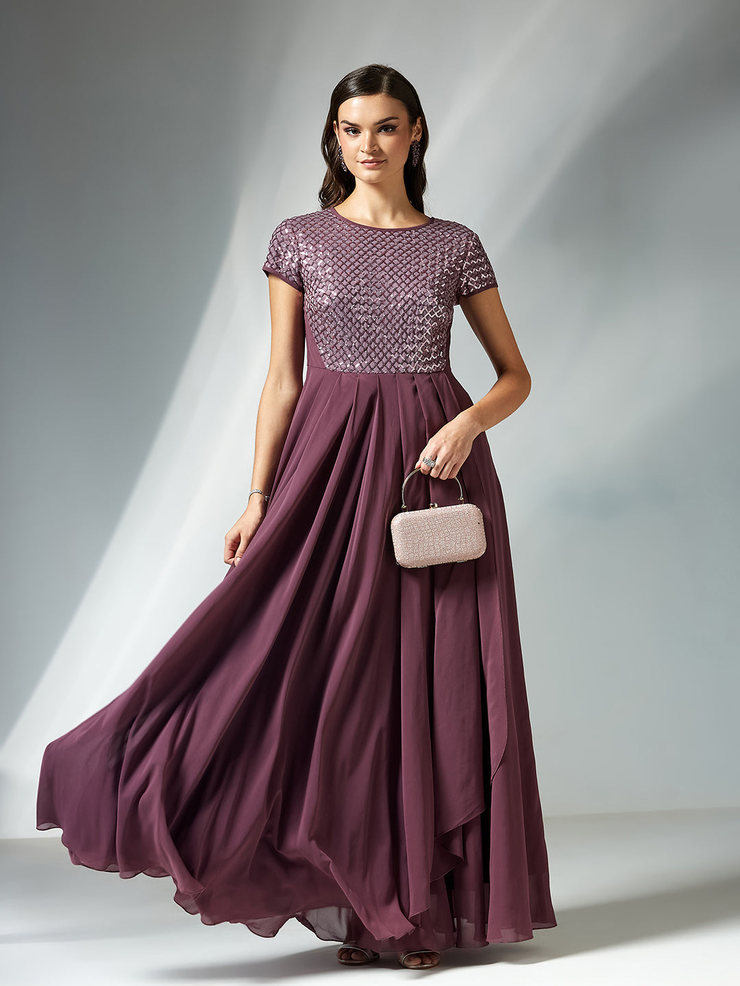 Mauve Cap Sleeves Embellished Fit and Flare Maxi Dress for Women