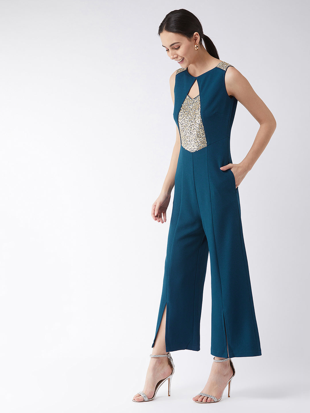 Crease Ease Women's Teal Sequined Relaxed Fit Round Neck Sleeveless Party Jumpsuit