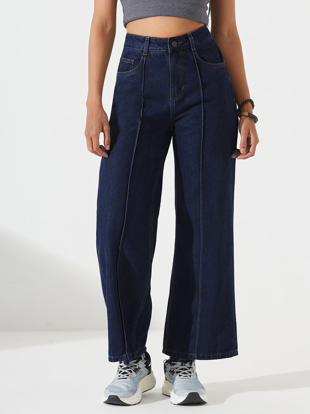 Navy-Blue Wide-Leg High-Rise Clean-Look Non-stretchable Denim Jeans for Women