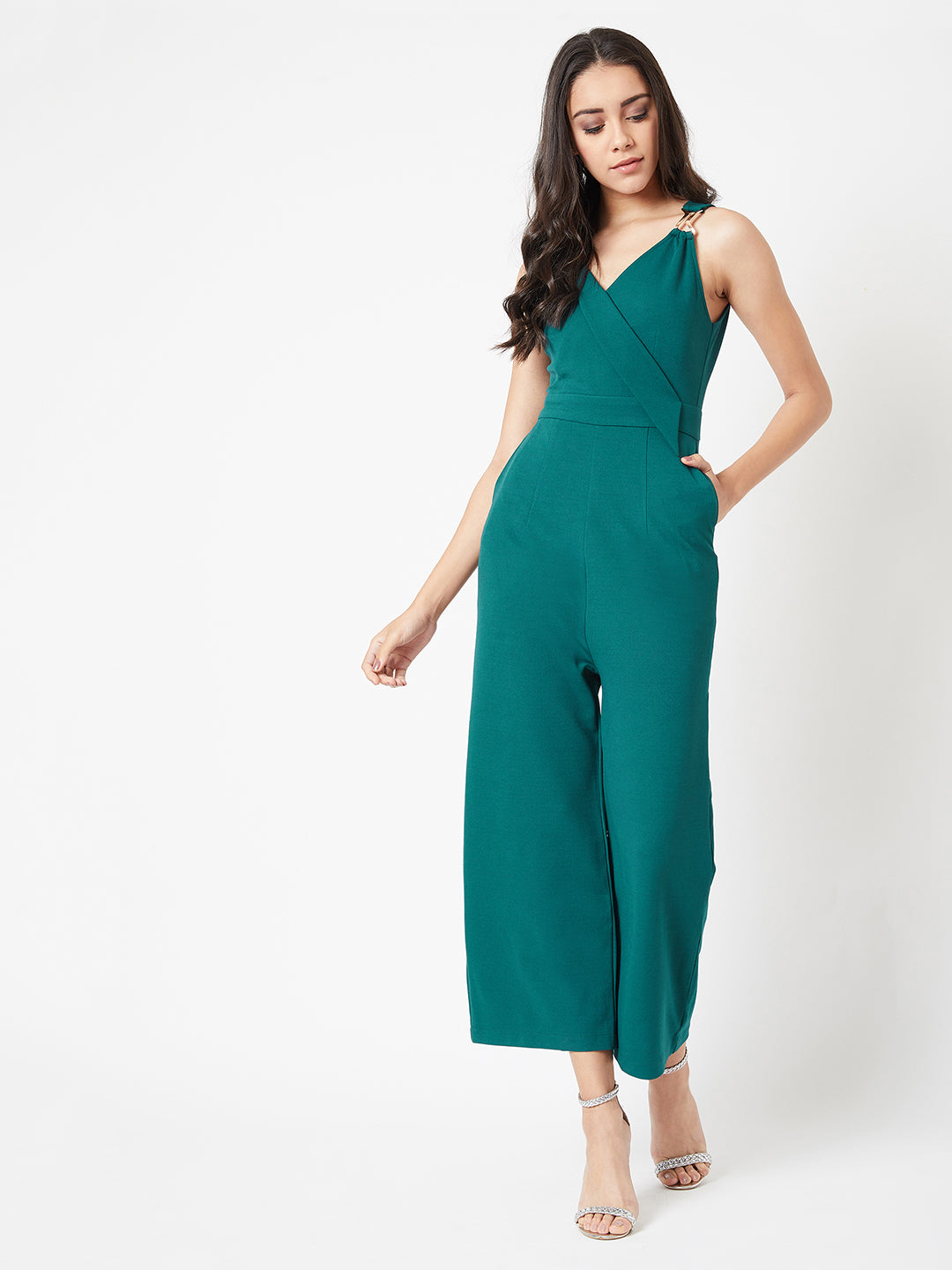 Crease Ease Women's Green V-Neck Sleeveless Solid Wrap Regular Length Jumpsuit