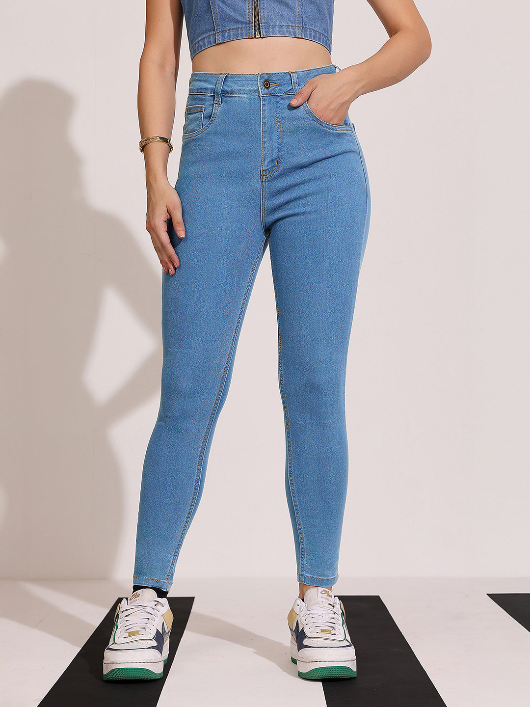 Women's Blue Skinny High-Rise Distressed Cropped Denim Jeans