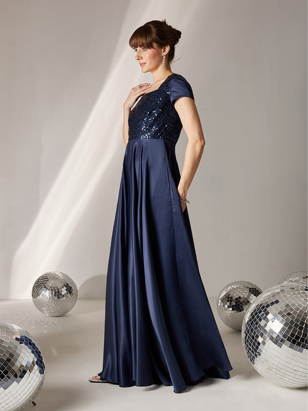 Women's Navy Blue Square Neck Short Sleeve Embellished Polyester Fit & Flare Maxi Dress