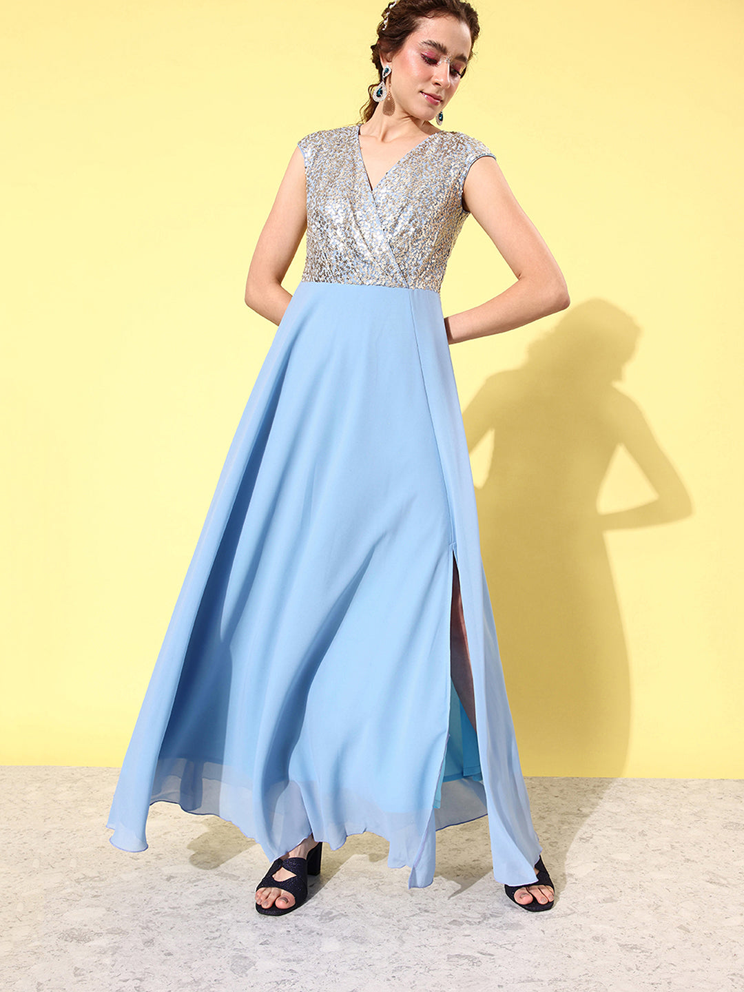 Women's Sky Blue & Golden V-Neck Cap Sleeved Solid Wrap Maxi Dress