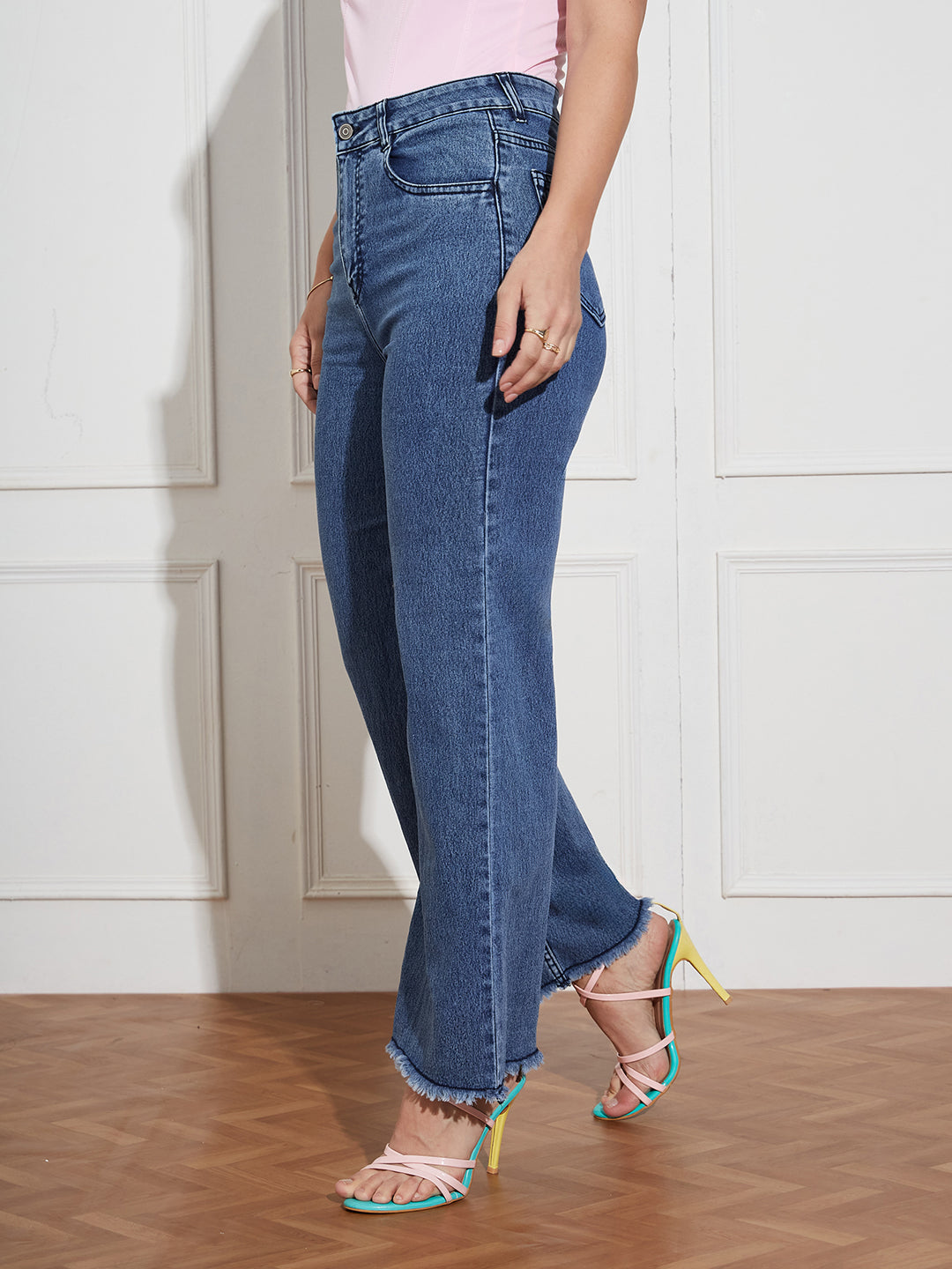 Women's Navy-Blue Wide-Leg High Rise Regular-Length Stretchable Denim Jeans