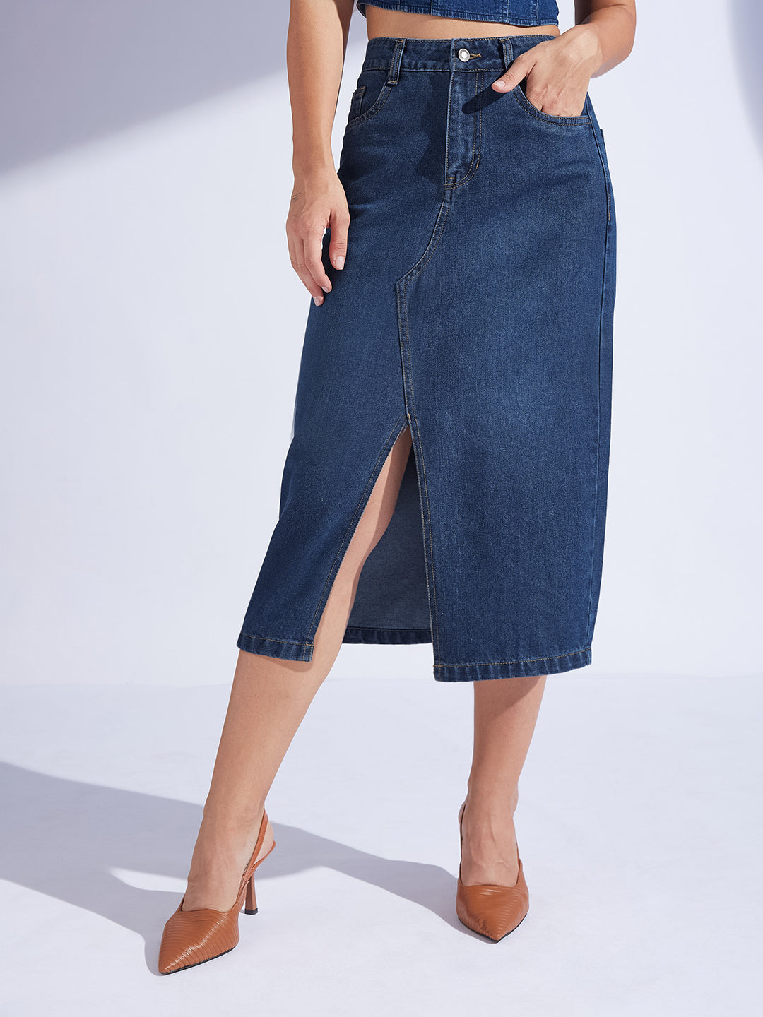 Women's Dark-Blue A-Line High-Rise Non-stretchable Denim Midi Skirt