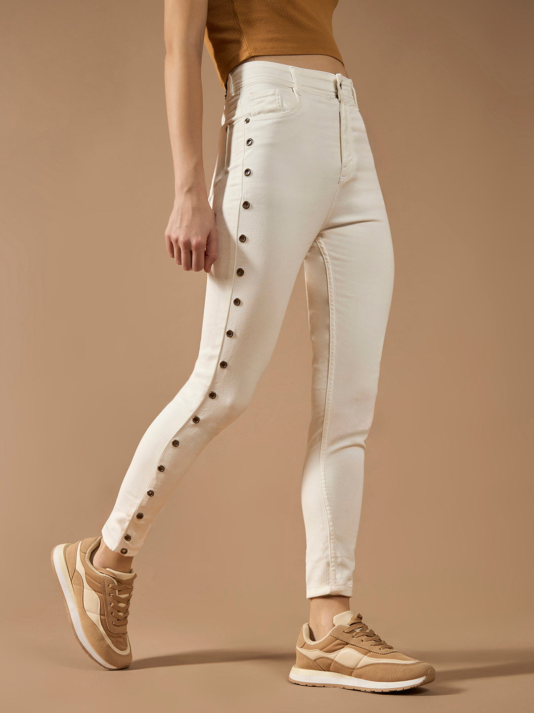 Women's White Skinny High-Rise Clean-Look Eyelet detailing Regular-Length Stretchable Denim Jeans