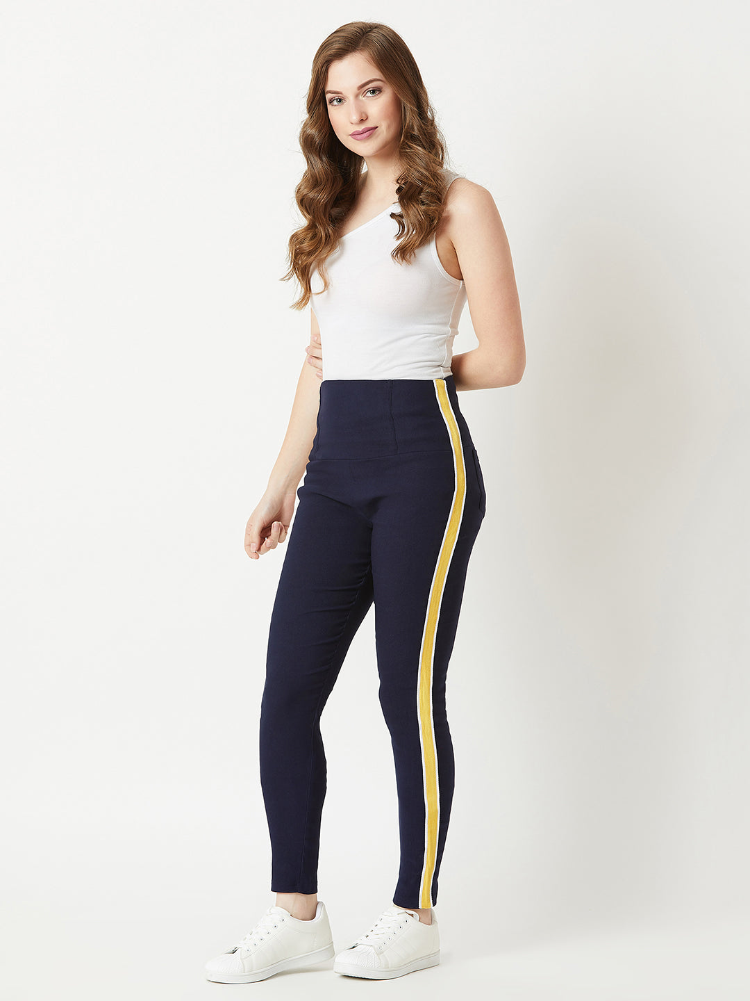 Women's Navy Blue Solid Regular Length High Waist Knitted Slim Fit Twill Tape Detailing Jeggings