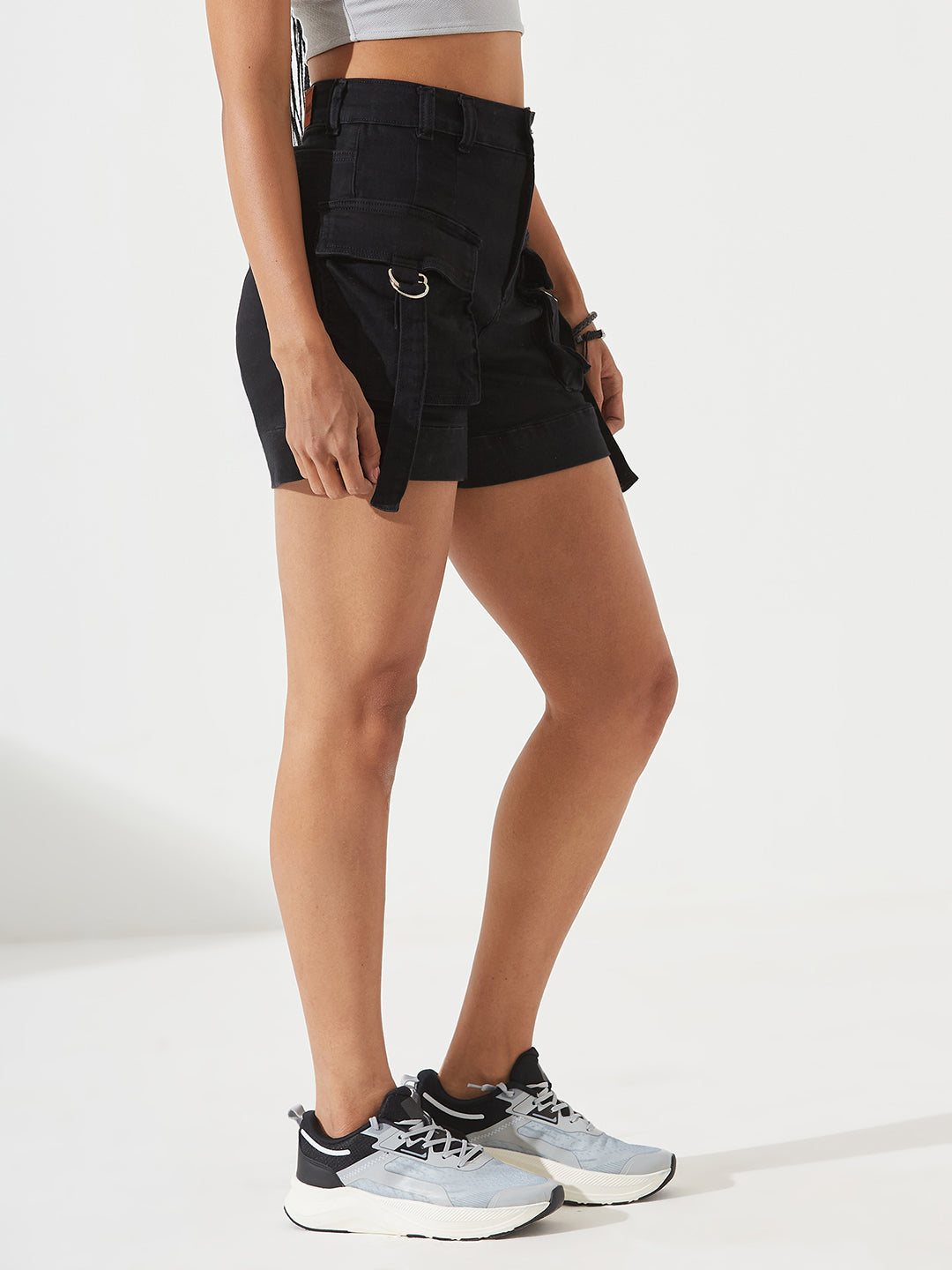 Black Flared High-Rise Stretchable Denim Shorts for Women