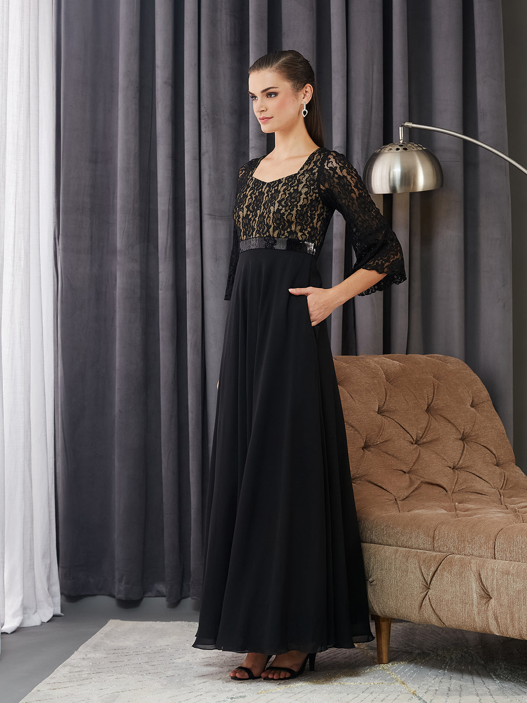 Women's Black Sweetheart-Neck Full Sleeve Floral Lace-Overlaid Georgette Maxi Dress