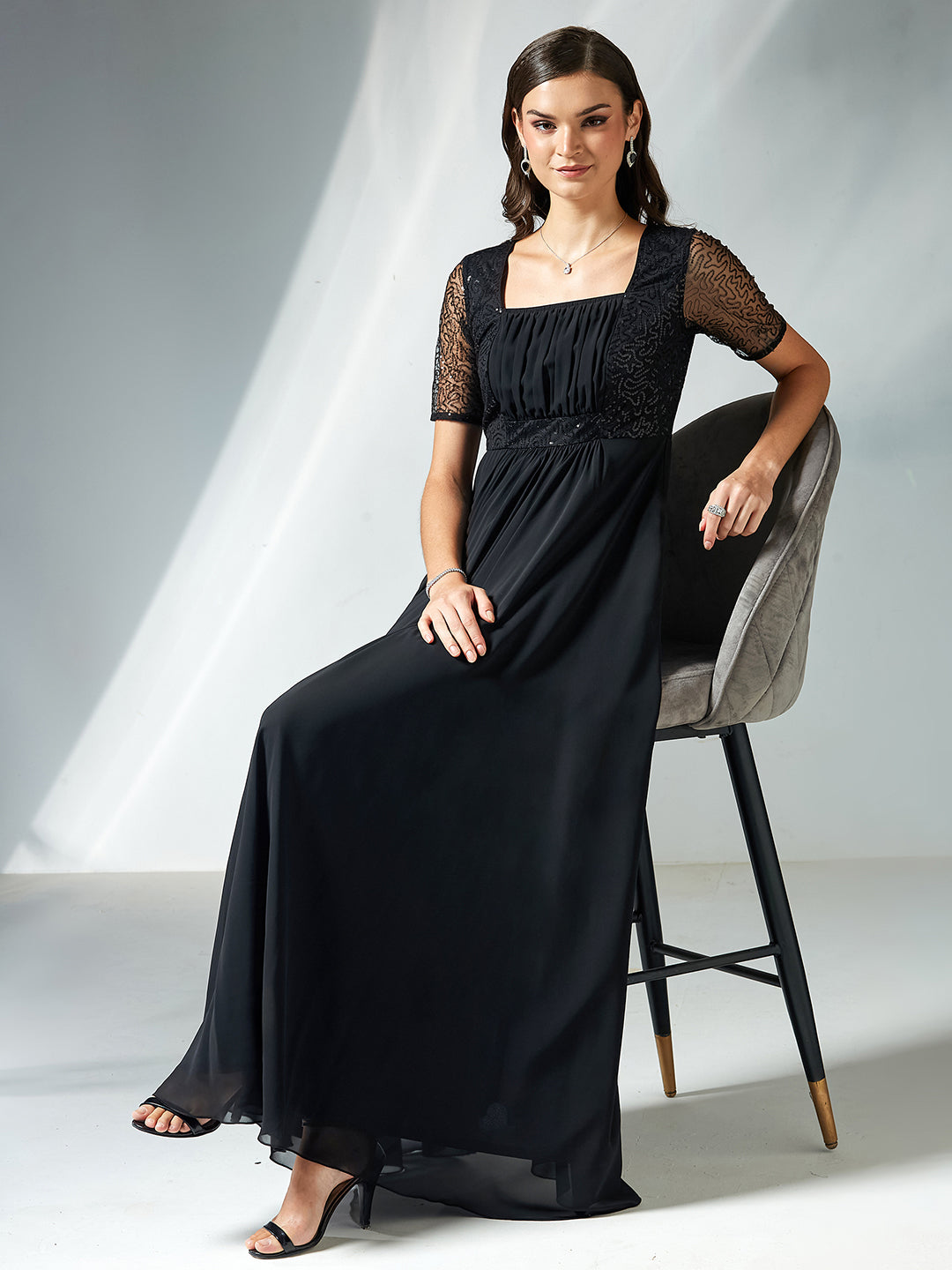 Dusty Pink Square Neck Half Sleeve Solid Embellished Maxi Dress for Women