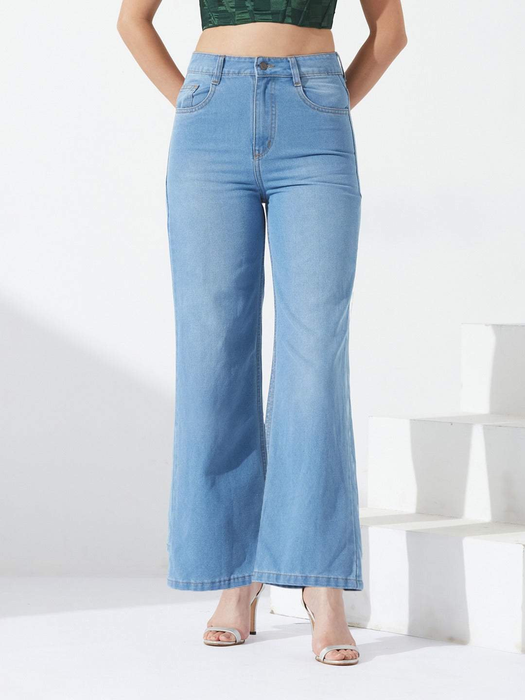 Light Blue Wide-Leg High-Rise Non-stretchable Denim Jeans for Women
