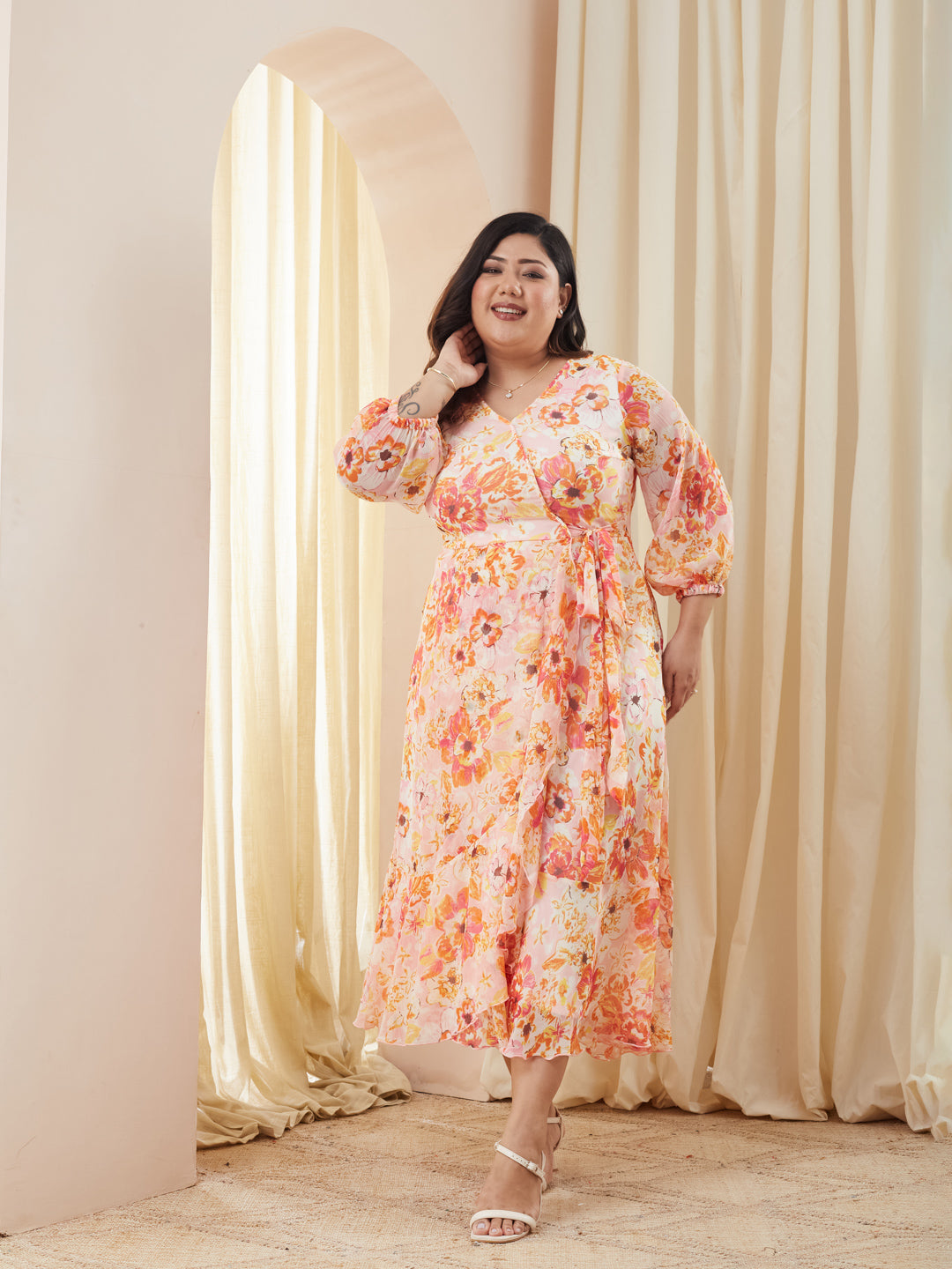 Pink & Orange V-Neck Bishop Floral Layered Chiffon Maxi Dress for Women