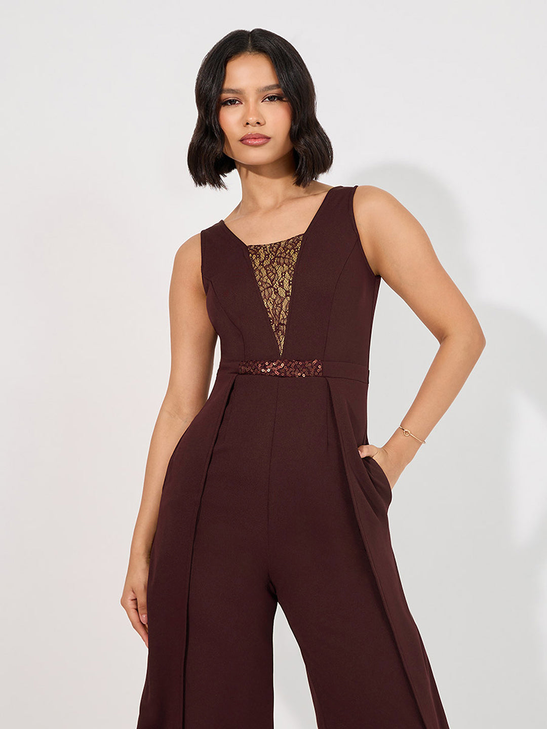 Women's Wine Square-Neck Sleeveless Embellished Layered Polyester Jumpsuit