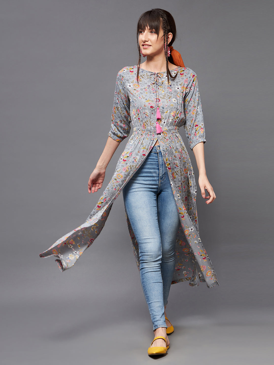 Women's Multicolored-Base-Grey Round neck 3/4th Sleeve Floral Elasticated Maxi Top