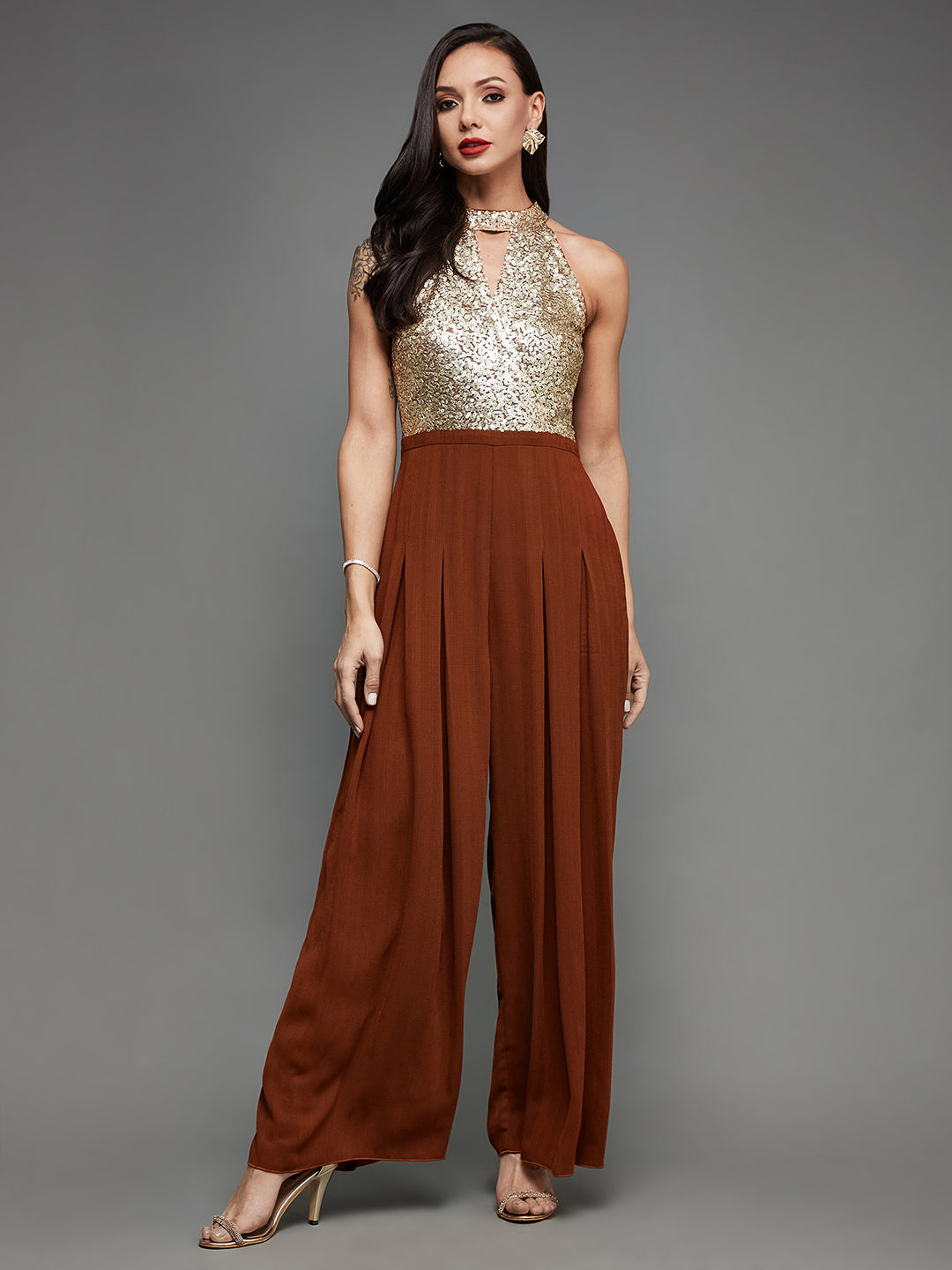 Women's Rust Halter-Neck Sleeveless Gold Sequined Pleated Crepe Party Jumpsuit