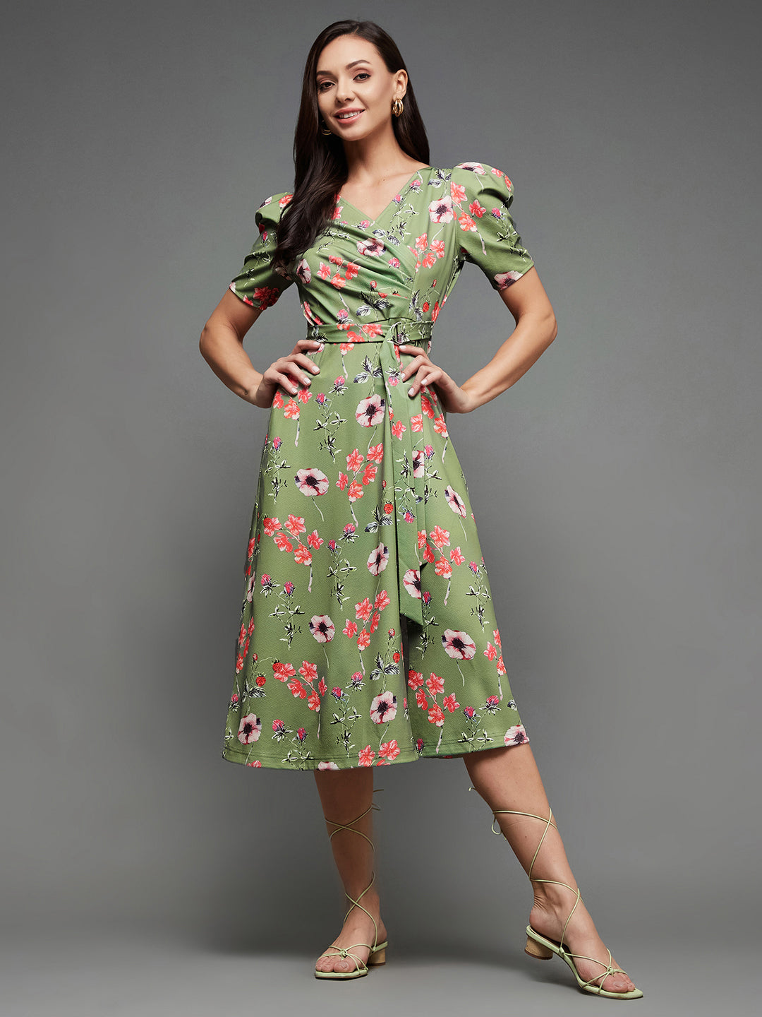 Crease Ease Women's Multicolored-Base-Green V-Neck Pleated Puff Sleeve Floral Patterned Wrap Midi Polyester Dress