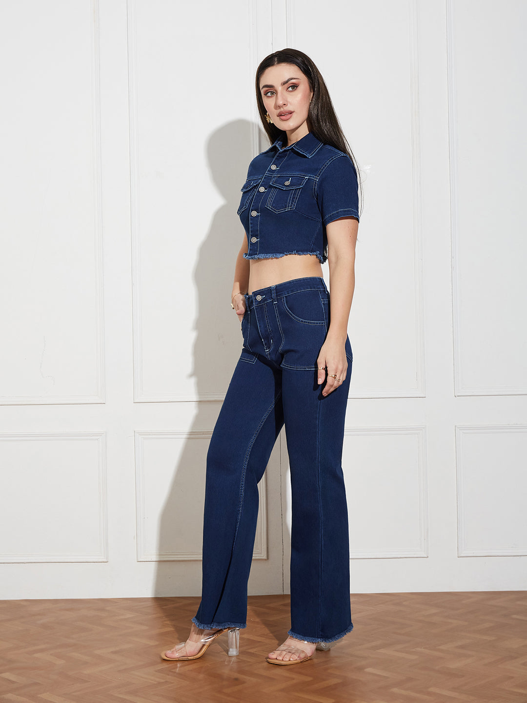 Women's Navy Blue Bootcut High-Rise Clean-Look Cropped Top, Regular Bottom Stretchable Denim Co-Ord Set