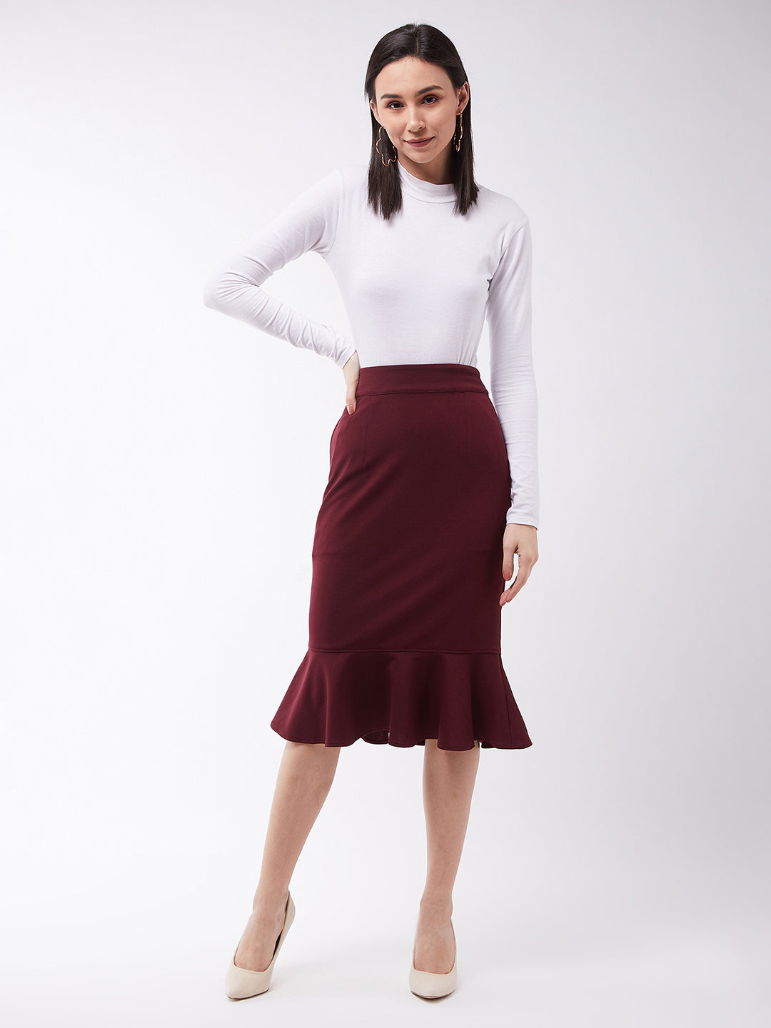 Crease Ease Women's Red Solid Polyester Slim Fit Knee-Long Length Skirt