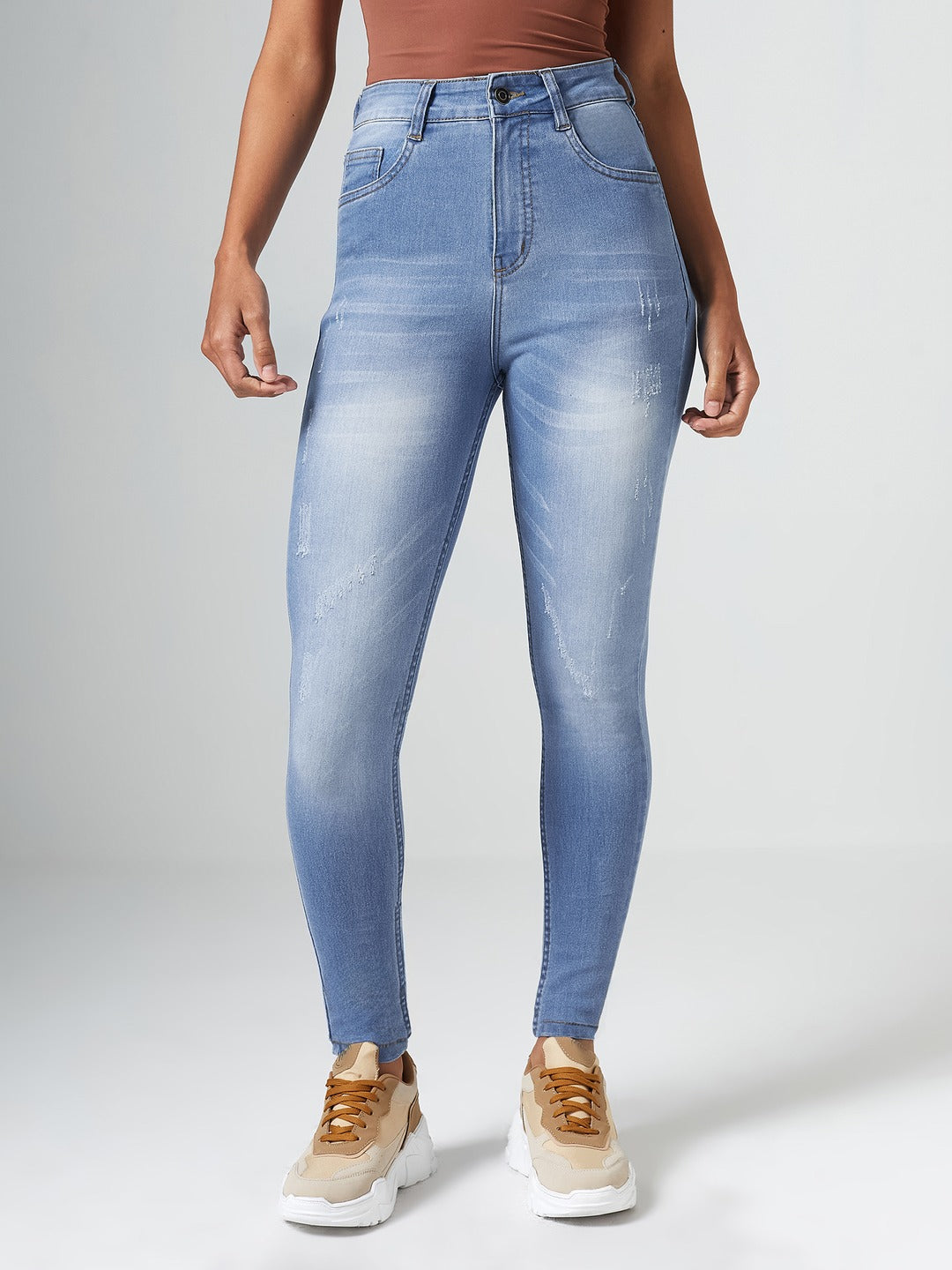 Blue High-Rise Mildly-Distressed Regular-Length Stretchable Denim Skinny Jeans for Women