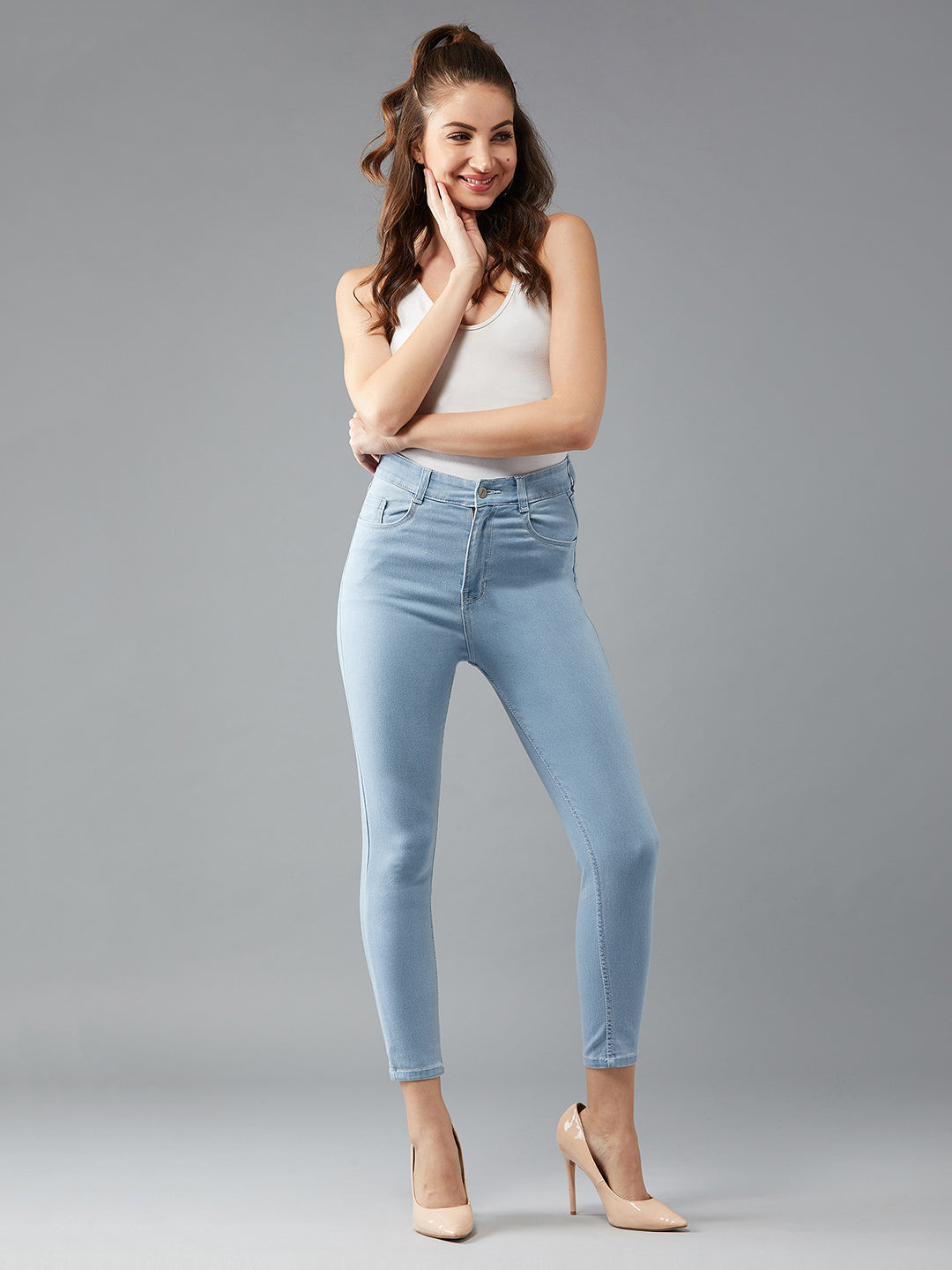 24/7 Comfort Women's Light Blue Skinny Fringed Hemline Detailing High Rise Cropped Solid Stretchable Denim Jeans