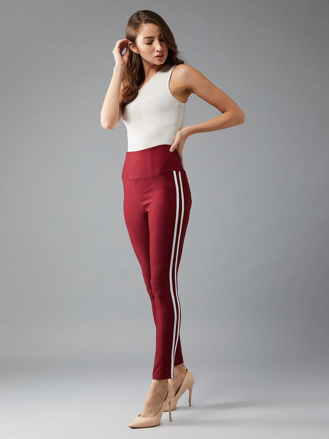 Women's Maroon Knitted Solid White Twill Tape Detailing Skinny High Waist Regular Length Treggings