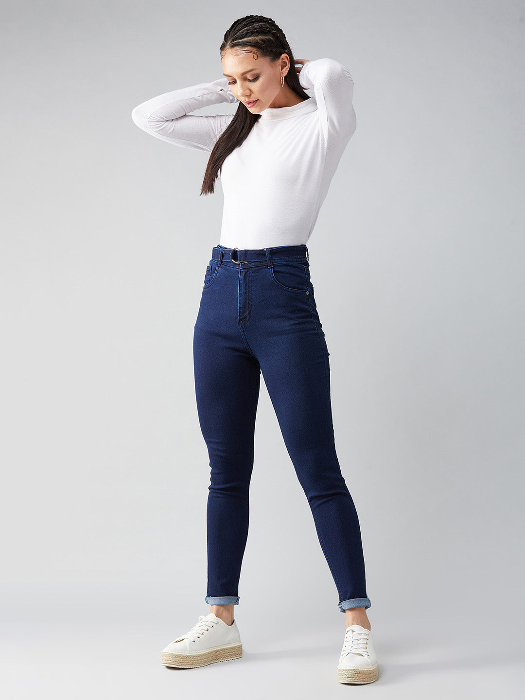 Women's Navy Blue Cotton Skinny Fit Relaxed High Rise Regular Length Stretchable Denim Jeans