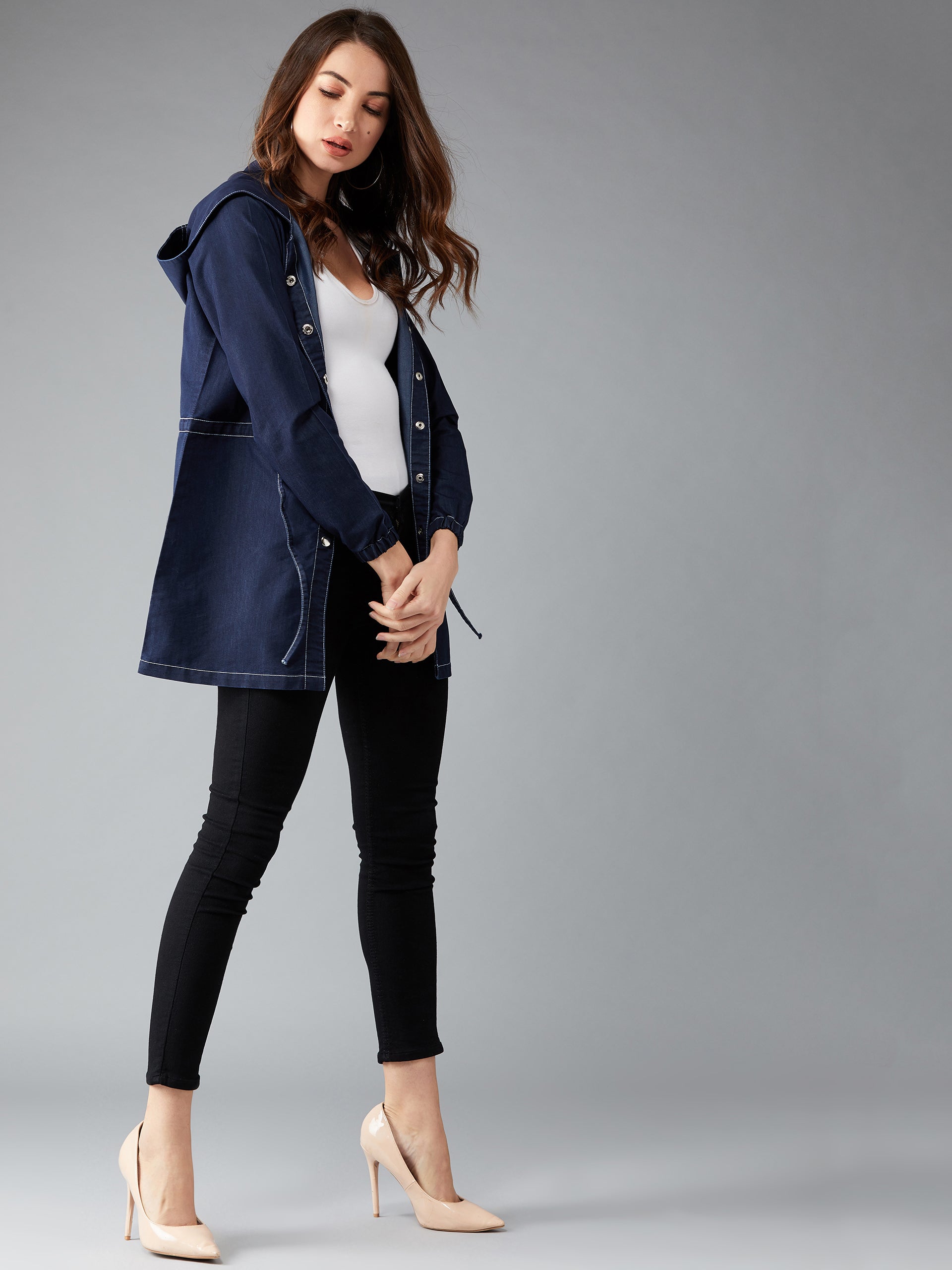 Women's Navy Round Neck Full Sleeve Solid Long hoodie with tie-up Regular Jacket