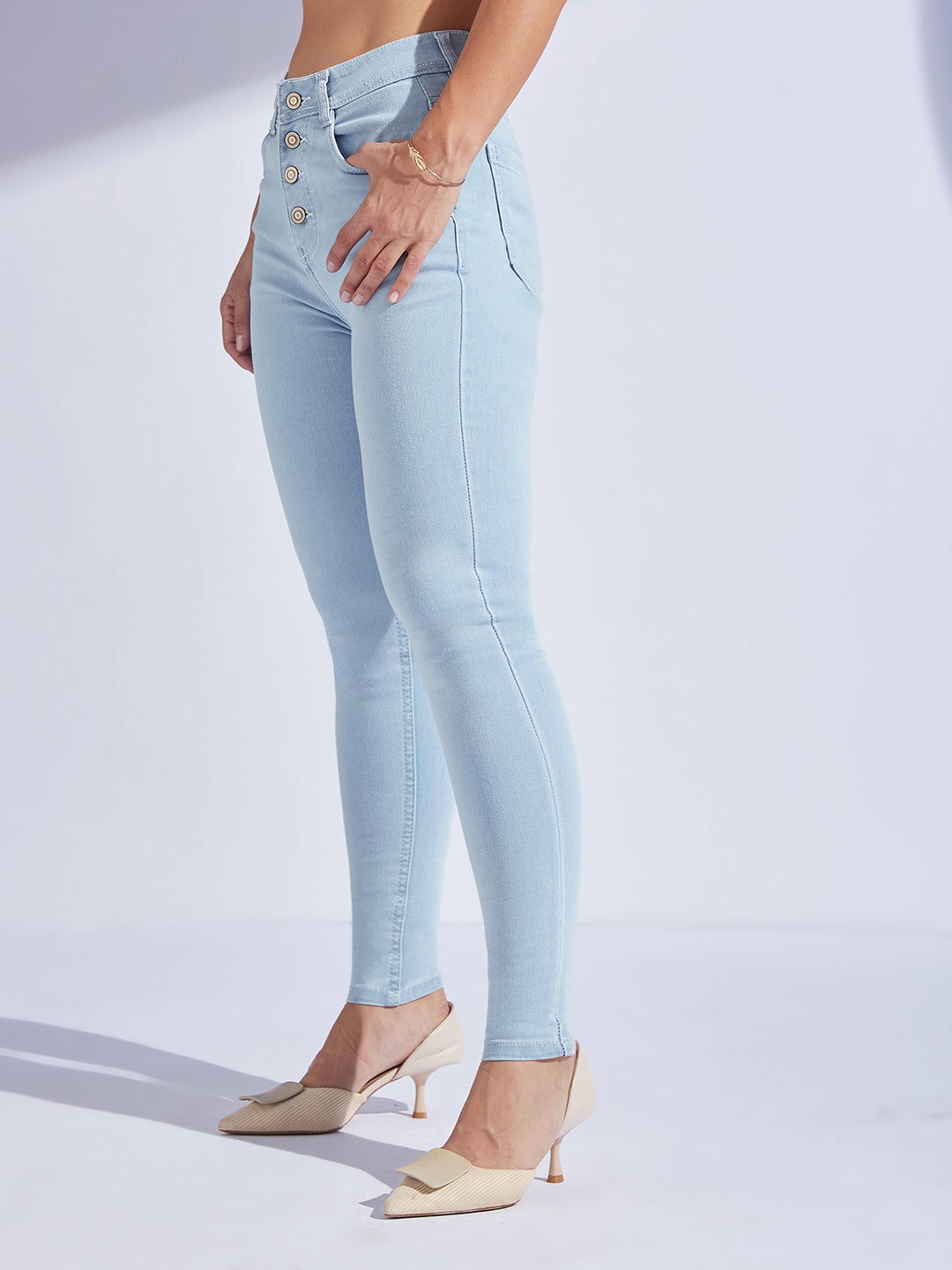 Women's Light Blue Skinny High-Rise Distressed Ice Wash Regular-Length Denim Jeans