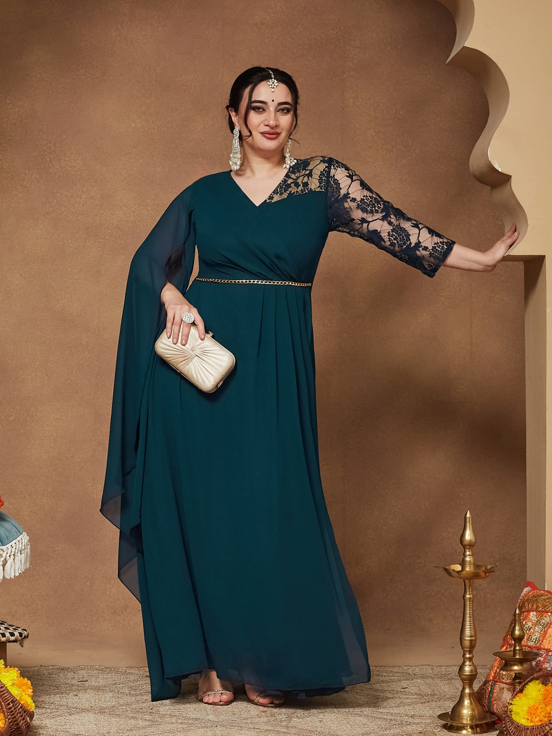 Teal V-Neck Asymmetric Self-Designed Georgette Maxi Dress for Women